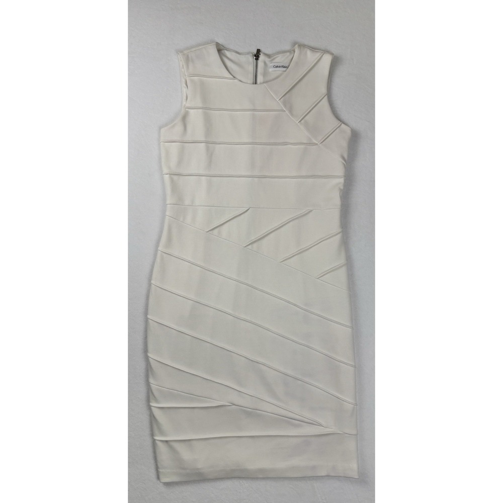 Calvin Klein Women's Ivory Sheath Dress Size 8 Exposed Zip Scuba Knit Stretch